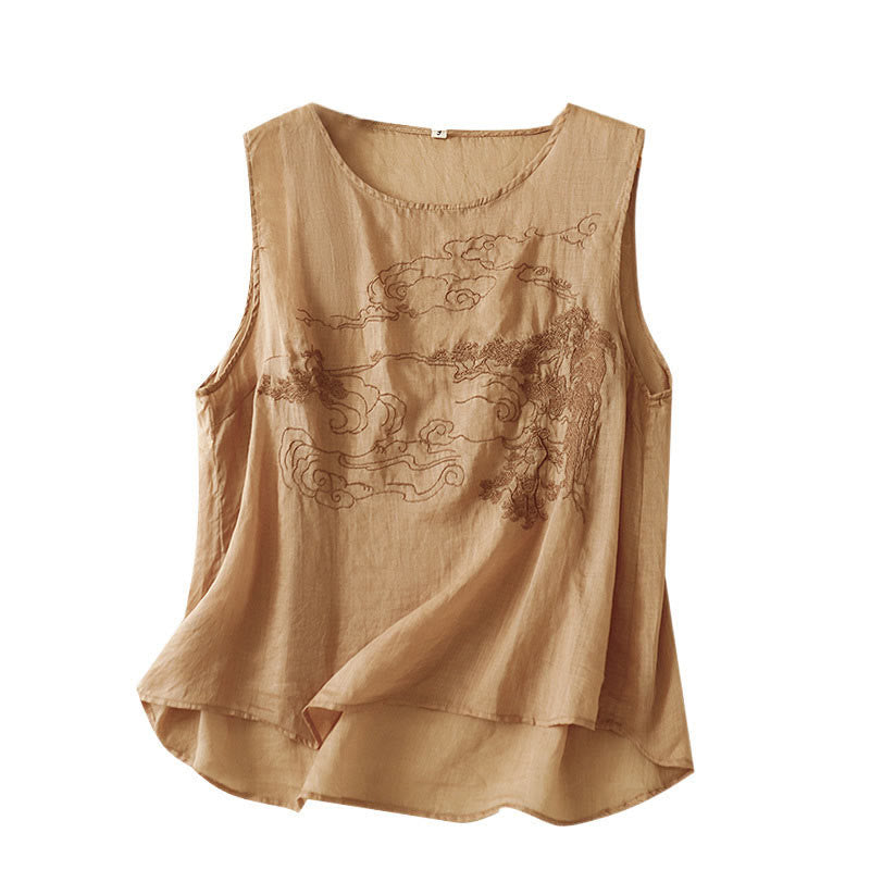 Buddha Stones Vintage Casual Embroidery Cotton Linen Women's Vest Waistcoat