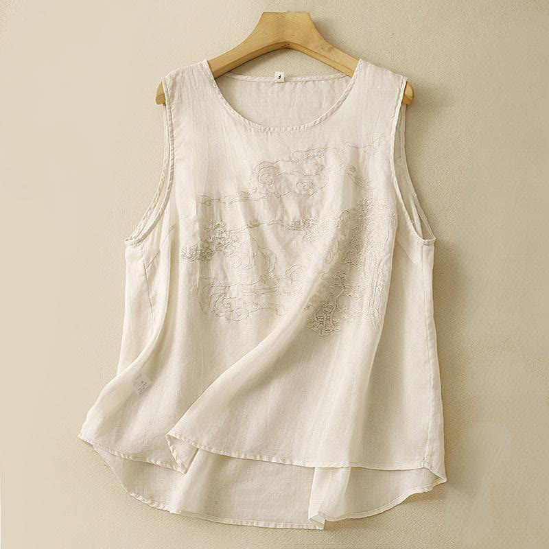 Buddha Stones Vintage Casual Embroidery Cotton Linen Women's Vest Waistcoat