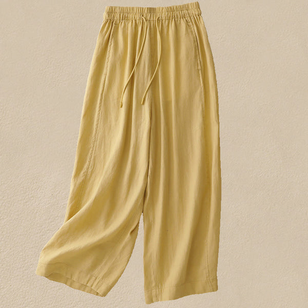 Buddha Stones Vintage Pure Color Drawstring Women's Cotton Linen Ankle-Length Pants With Pockets
