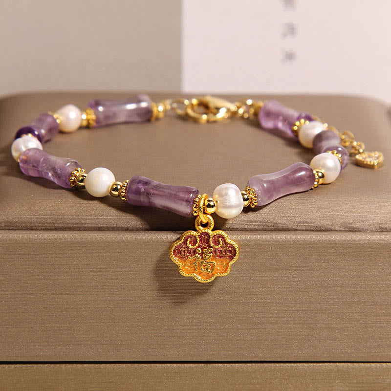 FREE Today: Spiritual Awareness Natural Peace Lock Bamboo Shape Fu Character Amethyst Pearl Bracelet