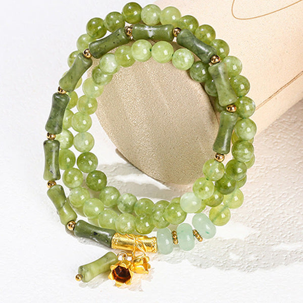 Buddha Stones Retro Multilayer Lily of the Valley Bamboo Green Chalcedony Strength Bracelet