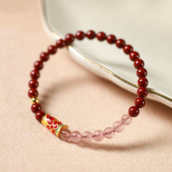 Buddha Stones Natural Cinnabar Pink Crystal Strawberry Quartz Lucky Koi Fish Blessing Bracelet