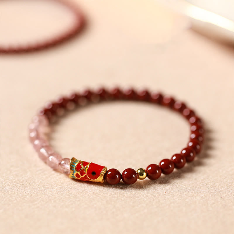 Buddha Stones Natural Cinnabar Pink Crystal Strawberry Quartz Lucky Koi Fish Blessing Bracelet