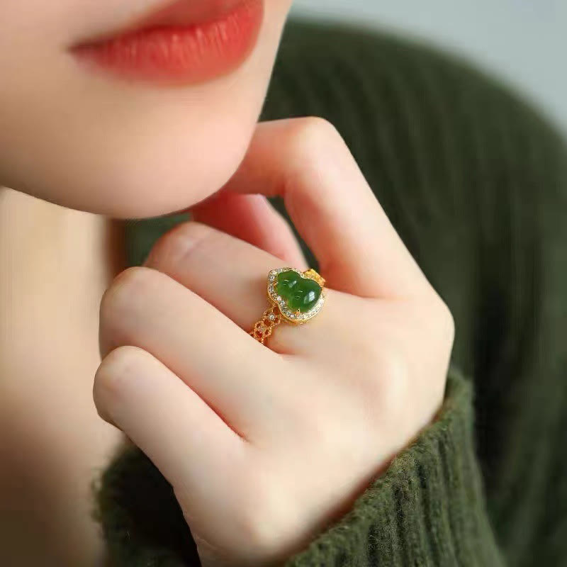 FREE Today: Strength Wealth Vintage Gourd Green Chalcedony Copper Plated Gold Adjustable Ring