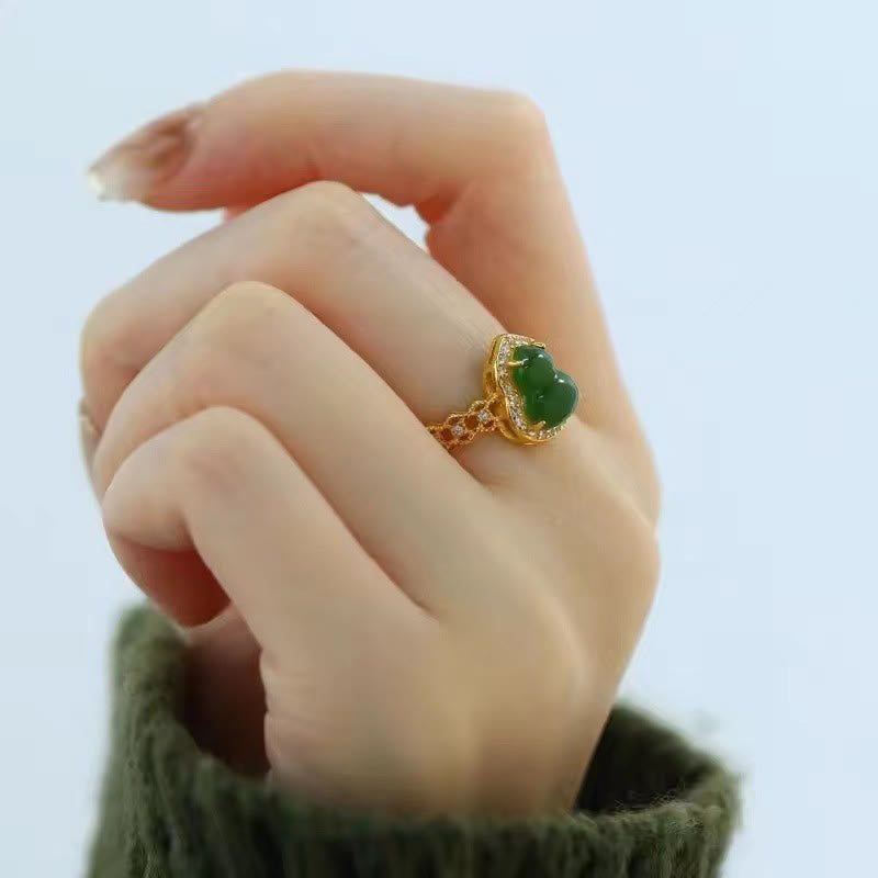 FREE Today: Strength Wealth Vintage Gourd Green Chalcedony Copper Plated Gold Adjustable Ring