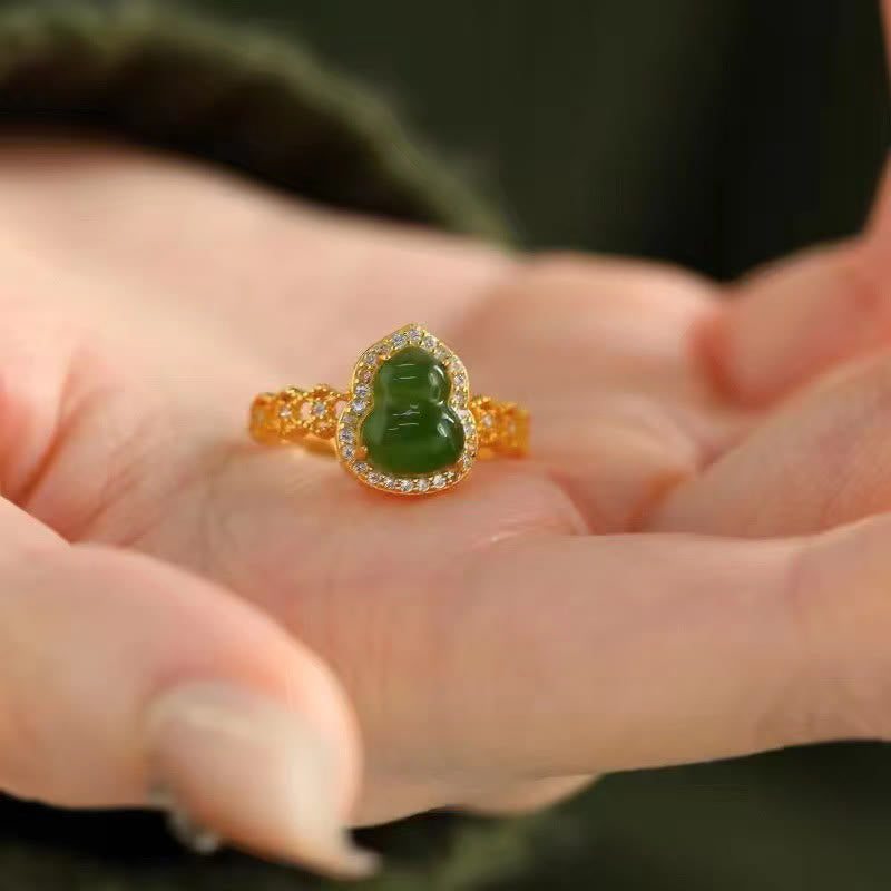 FREE Today: Strength Wealth Vintage Gourd Green Chalcedony Copper Plated Gold Adjustable Ring