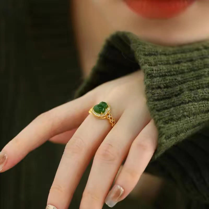 FREE Today: Strength Wealth Vintage Gourd Green Chalcedony Copper Plated Gold Adjustable Ring