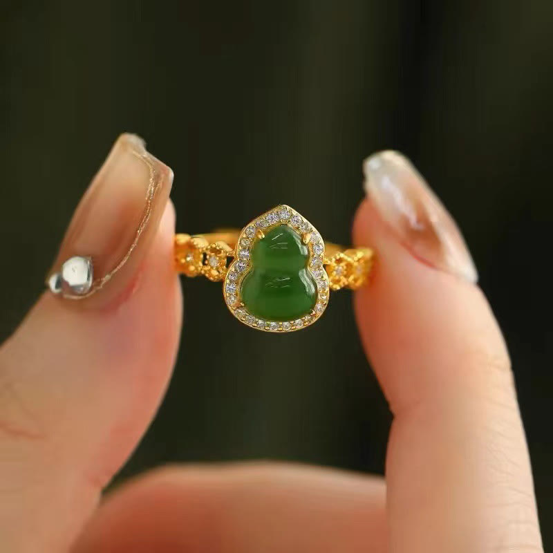 FREE Today: Strength Wealth Vintage Gourd Green Chalcedony Copper Plated Gold Adjustable Ring