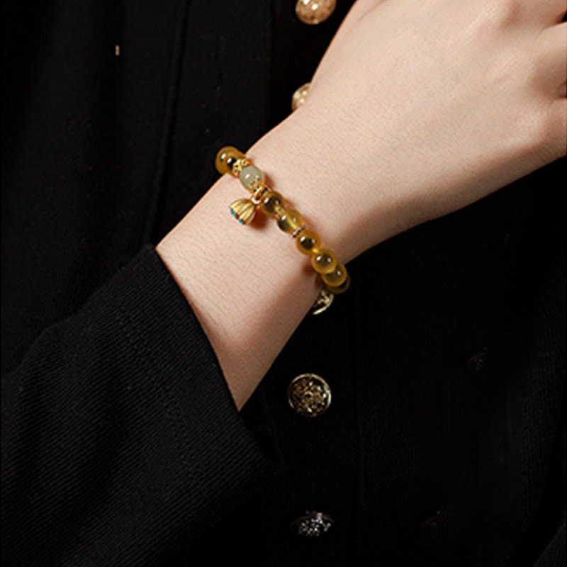 Buddha Stones Natural Colorful Candy Agate Golden Lotus Pod Healing Bracelet