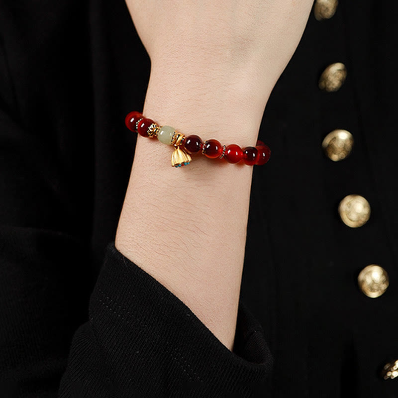 Buddha Stones Natural Colorful Candy Agate Golden Lotus Pod Healing Bracelet