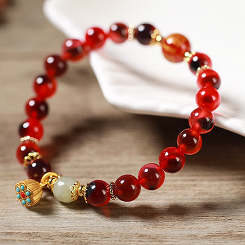 Buddha Stones Natural Colorful Candy Agate Golden Lotus Pod Healing Bracelet