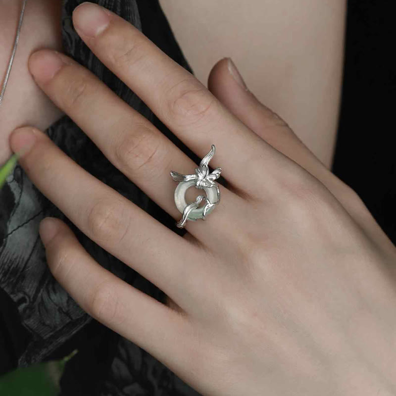 Buddha Stones 925 Sterling Silver Iris Design Peace Buckle Quartzite Jade Balance Ring