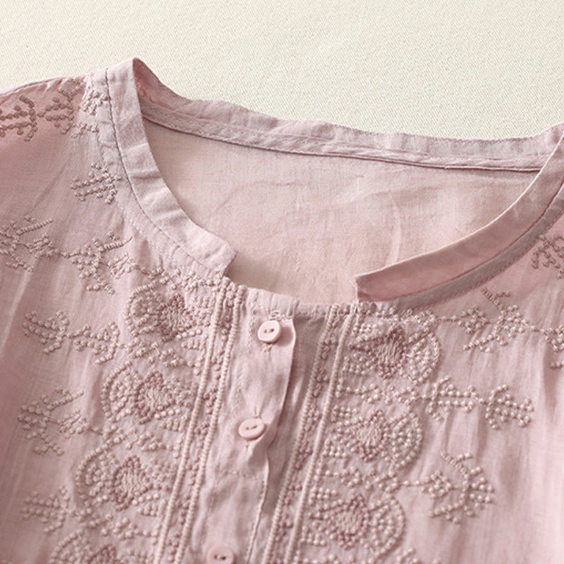 Buddha Stones Symmetrical Embroidery Cotton Linen Women's Half Sleeves Shirt