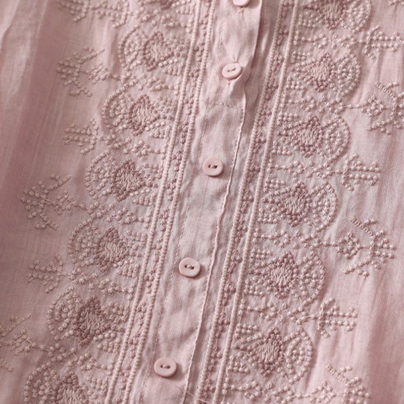 Buddha Stones Symmetrical Embroidery Cotton Linen Women's Half Sleeves Shirt