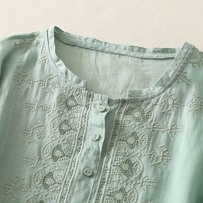 Buddha Stones Symmetrical Embroidery Cotton Linen Women's Half Sleeves Shirt