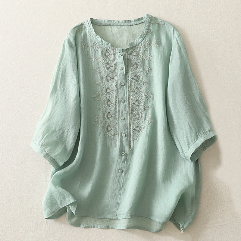 Buddha Stones Symmetrical Embroidery Cotton Linen Women's Half Sleeves Shirt