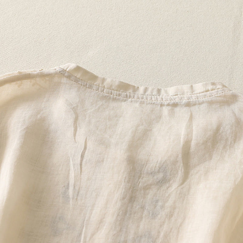 Buddha Stones Symmetrical Embroidery Cotton Linen Women's Half Sleeves Shirt