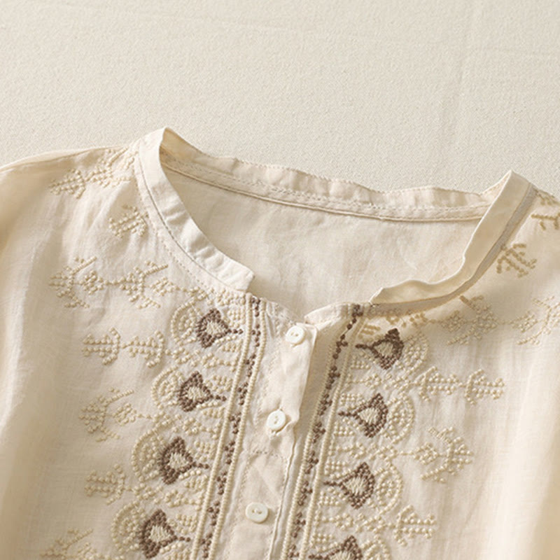 Buddha Stones Symmetrical Embroidery Cotton Linen Women's Half Sleeves Shirt