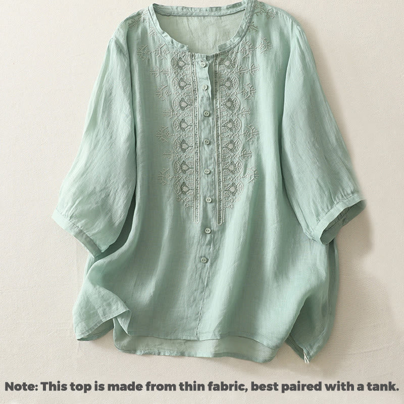 Buddha Stones Symmetrical Embroidery Cotton Linen Women's Half Sleeves Shirt