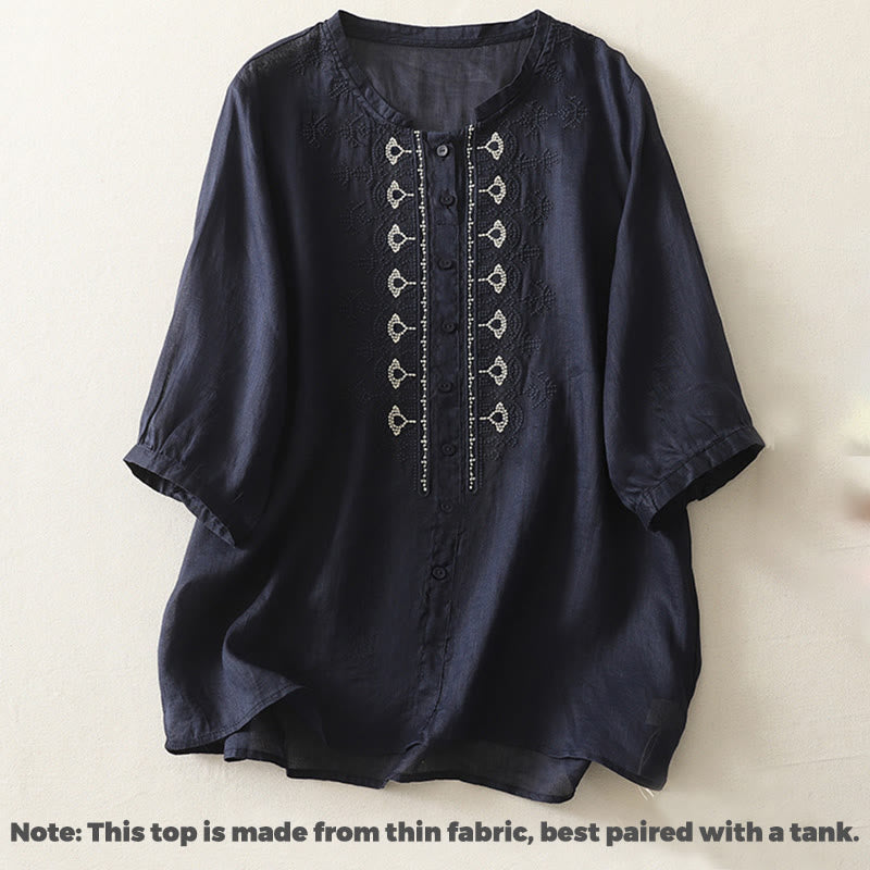 Buddha Stones Symmetrical Embroidery Cotton Linen Women's Half Sleeves Shirt