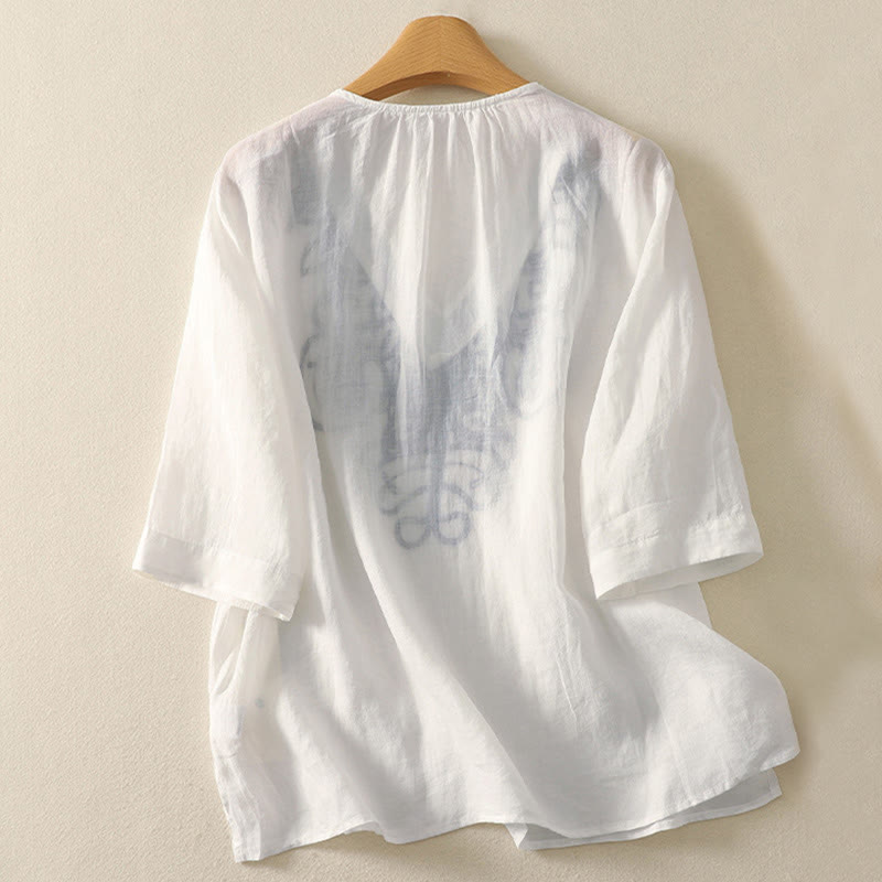 Buddha Stones Embroidered V-neck Casual Women's Cotton Linen Half Sleeve T-shirt