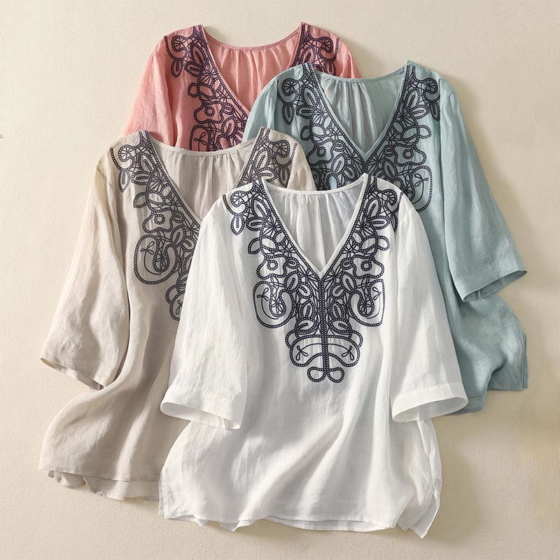 Buddha Stones Embroidered V-neck Casual Women's Cotton Linen Half Sleeve T-shirt
