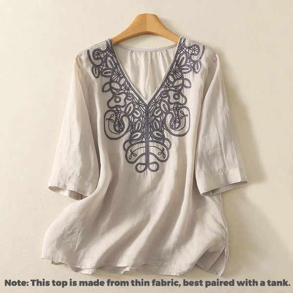Buddha Stones Embroidered V-neck Casual Women's Cotton Linen Half Sleeve T-shirt