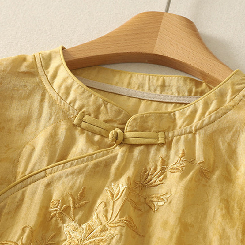 Buddha Stones Embroidery Frog-Button Mandarin Collar Cotton Women's Half Sleeves Shirt