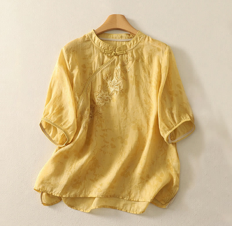 Buddha Stones Embroidery Frog-Button Mandarin Collar Cotton Women's Half Sleeves Shirt