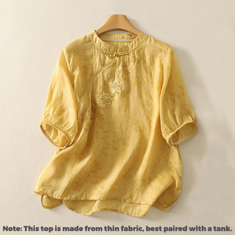 Buddha Stones Embroidery Frog-Button Mandarin Collar Cotton Women's Half Sleeves Shirt