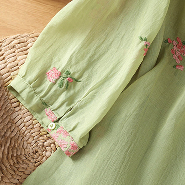 Buddha Stones V-neck Embroidered Flowers Cotton Women's Shirt