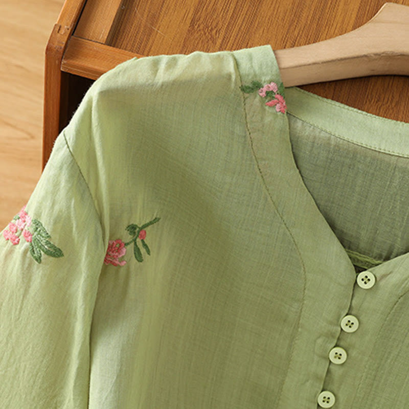 Buddha Stones V-neck Embroidered Flowers Cotton Women's Shirt
