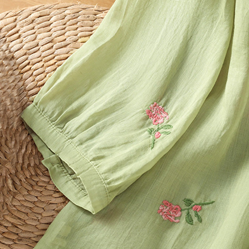 Buddha Stones V-neck Embroidered Flowers Cotton Women's Shirt