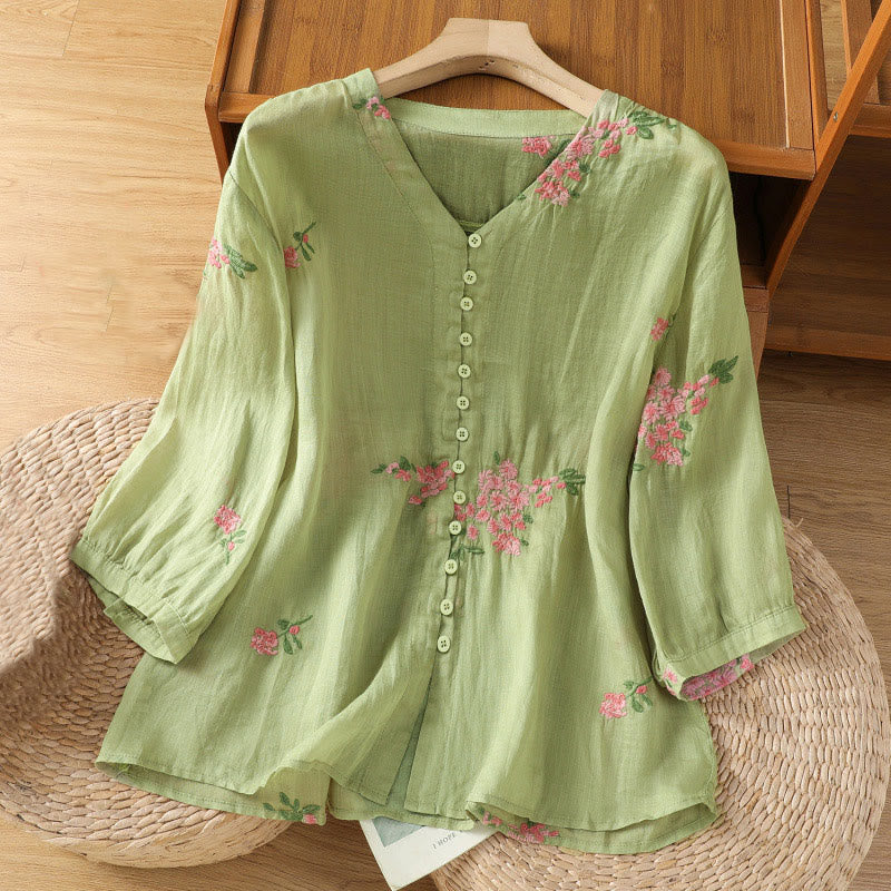 Buddha Stones V-neck Embroidered Flowers Cotton Women's Shirt