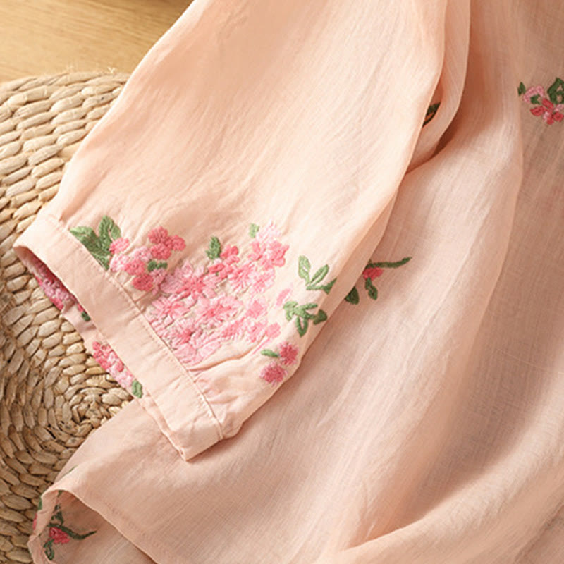 Buddha Stones V-neck Embroidered Flowers Cotton Women's Shirt