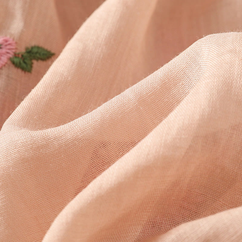 Buddha Stones V-neck Embroidered Flowers Cotton Women's Shirt