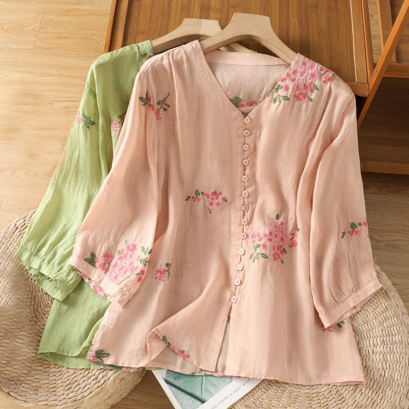 Buddha Stones V-neck Embroidered Flowers Cotton Women's Shirt