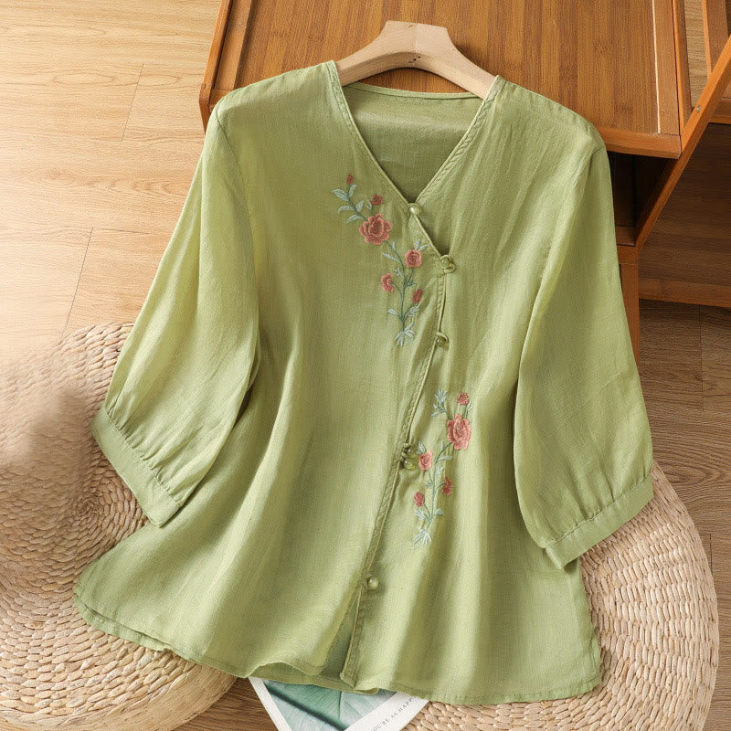Buddha Stones Embroidered Flowers Cotton Women's V-neck Shirt
