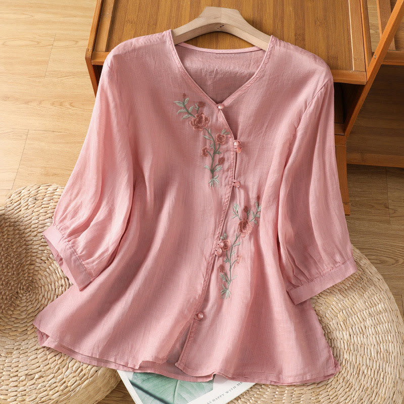 Buddha Stones Embroidered Flowers Cotton Women's V-neck Shirt