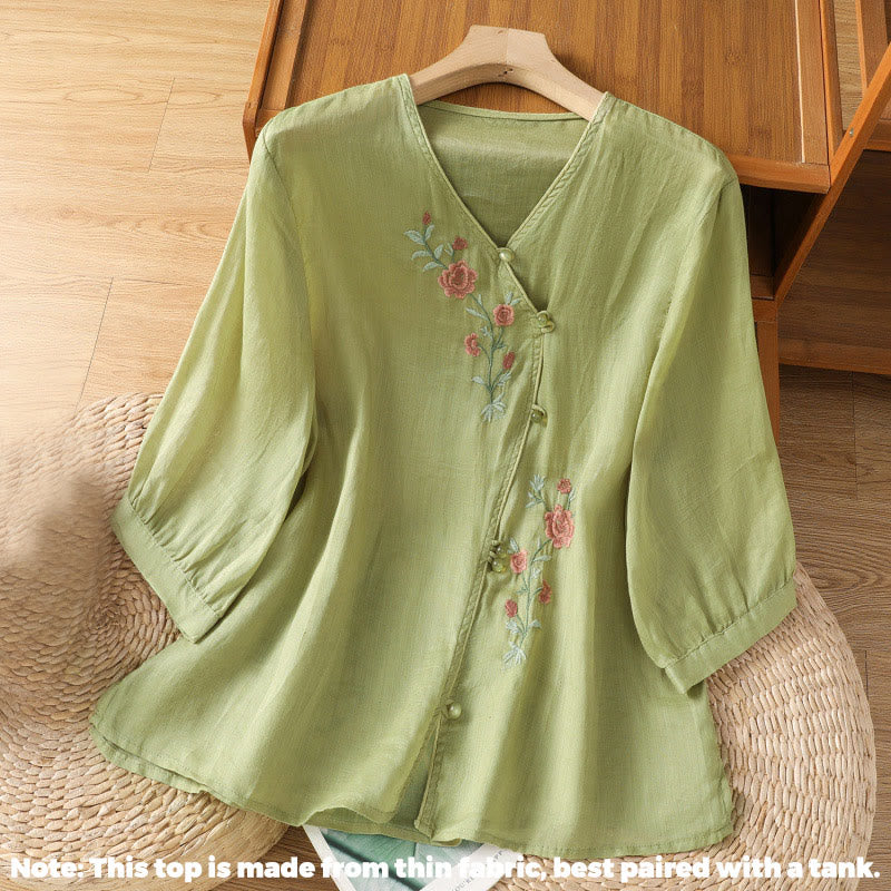 Buddha Stones Embroidered Flowers Cotton Women's V-neck Shirt