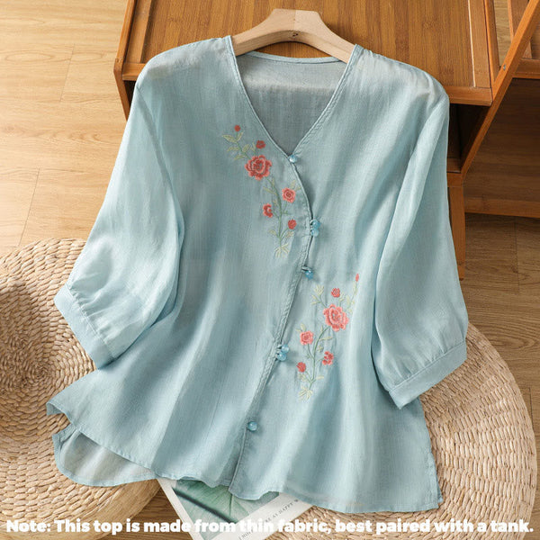 Buddha Stones Embroidered Flowers Cotton Women's V-neck Shirt