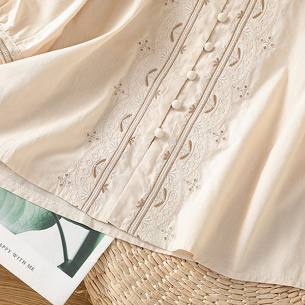 Buddha Stones Symmetrical Embroidery Cotton Women's V-neck Shirt