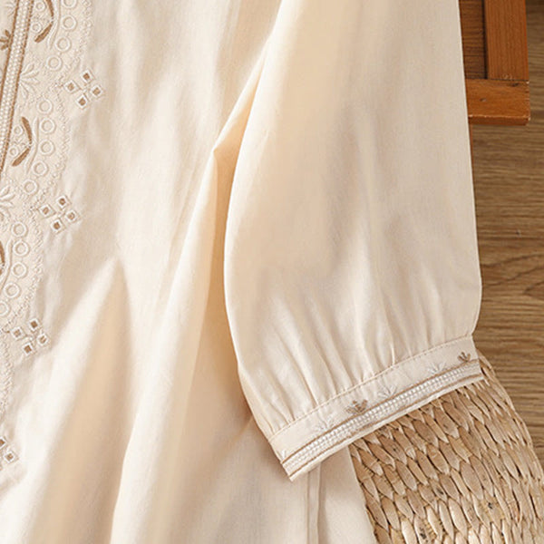 Buddha Stones Symmetrical Embroidery Cotton Women's V-neck Shirt