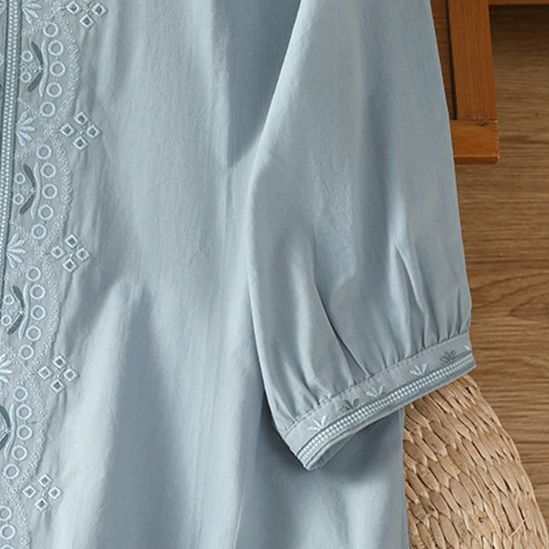 Buddha Stones Symmetrical Embroidery Cotton Women's V-neck Shirt