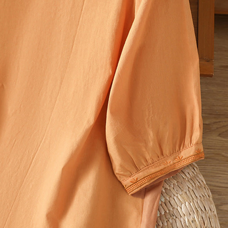 Buddha Stones Symmetrical Embroidery Cotton Women's V-neck Shirt