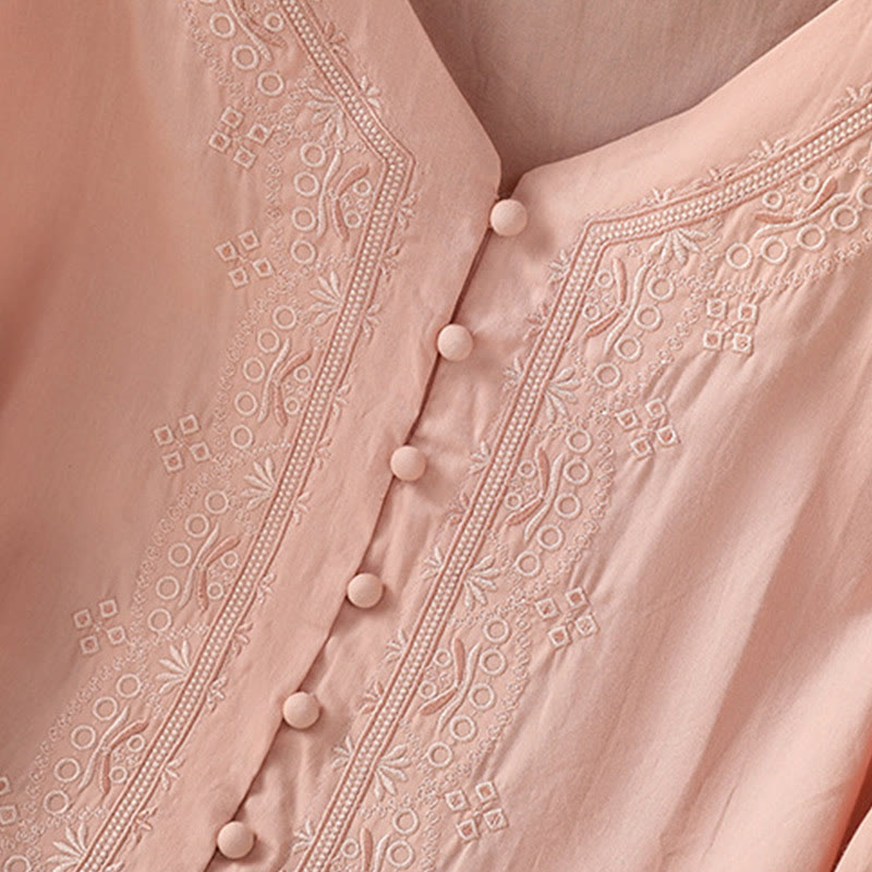 Buddha Stones Symmetrical Embroidery Cotton Women's V-neck Shirt