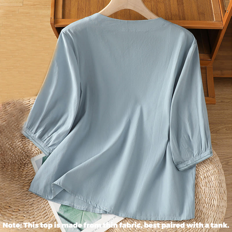 Buddha Stones Symmetrical Embroidery Cotton Women's V-neck Shirt