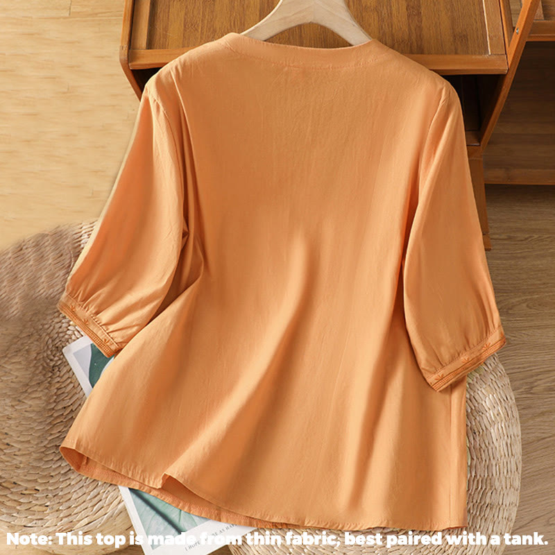 Buddha Stones Symmetrical Embroidery Cotton Women's V-neck Shirt