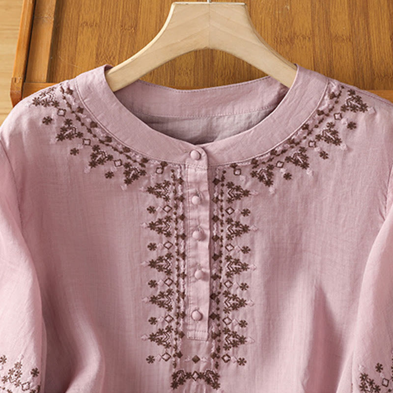 Buddha Stones Symmetrical Embroidery Cotton Women's Crew Neck Shirt