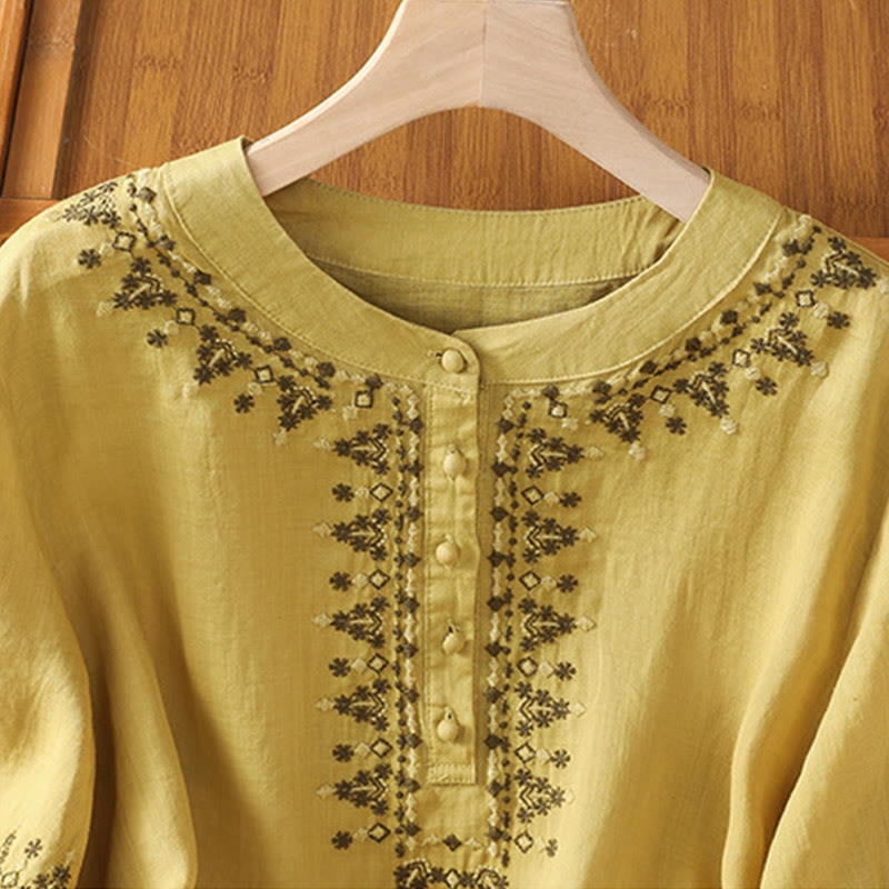 Buddha Stones Symmetrical Embroidery Cotton Women's Crew Neck Shirt